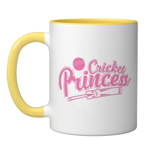 Cricket Princess Ball Sport Hobby Team Ceramic Mug, Yellow/White, 11oz - color: Yellow/White, size: 11 Ounces