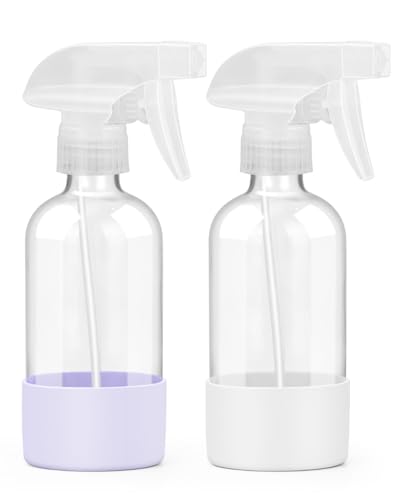 Worldgsb 2 Pack Glass Spray Bottles 8 oz, Empty Refillable Containers with Silicone Sleeve Protection, Glass Spray Bottles for Cleaning Solutions, Hair and Plants with Adjustable Nozzles White&Purple - color: White&Purple, size: 2 Pack
