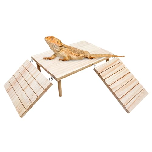Bearded Dragon Tank Accessories, Wooden Basking Platform with Ramp, Reptile Basking Platform, Reptile Habitat Accessories for Bearded Dragons, Geckos, Snakes