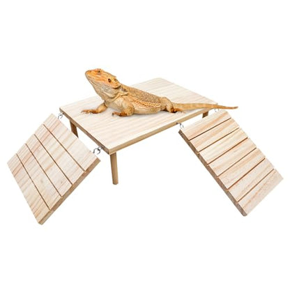 Bearded Dragon Tank Accessories, Wooden Basking Platform with Ramp, Reptile Basking Platform, Reptile Habitat Accessories for Bearded Dragons, Geckos, Snakes