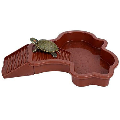Tortoise Water Dish with Ramp, 13.8 in Large Reptile Bathing Pool, Aquarium Soaking Tray, Red Brown ABS Turtle Bowl for Amphibians, Easy Clean