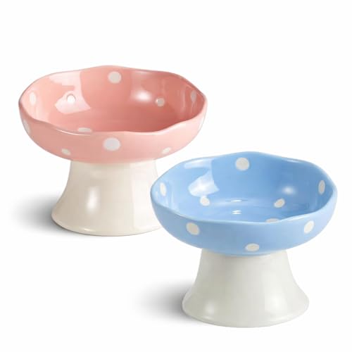 Pink and Blue Mushroom Cat Bowl Set,2PCS Elevated Ceramic Bowls for Cats | Cute Design, Elevated, Ceramic, Whisker Friendly, Dishwasher Safe - color: Pink+ Blue