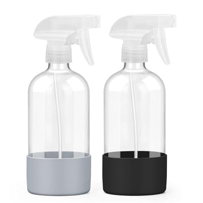 Worldgsb 2 Pack Glass Spray Bottles with Silicone Sleeve, 16 oz Empty Refillable Containers with Adjustable Spray Nozzles, Spray Bottles for Hair, Cleaning Solutions and Plants Black&Grey - color: Black&Grey