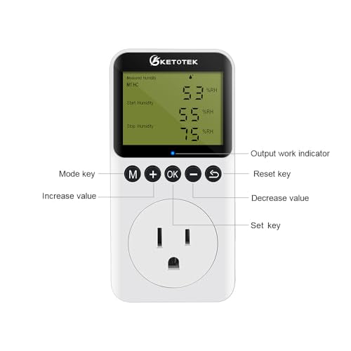 KETOTEK Digital Humidity Controller Outlet Plug with Sensor Probe, 120V Humidistat Controller Plug for Reptile Mushroom Greenhouse, Humidity Switch Outlet