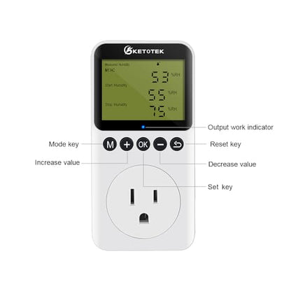 KETOTEK Digital Humidity Controller Outlet Plug with Sensor Probe, 120V Humidistat Controller Plug for Reptile Mushroom Greenhouse, Humidity Switch Outlet