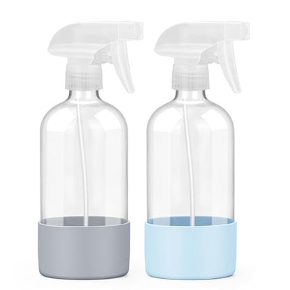 Worldgsb 2 Pack Glass Spray Bottles with Silicone Sleeve, 16 oz Empty Refillable Containers with Adjustable Spray Nozzles, Spray Bottles for Hair, Cleaning Solutions and Plants Blue&Grey - color: Blue&Grey