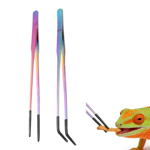 Reptile Feeding Tongs 2 Pack - 10.6 Inch Stainless Steel Straight & Curved Tweezers with Rubber Tips for Bearded Dragons, Lizards, Aquariums & Crafts - Terrarium Supplies