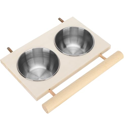 Bird Food Stainless Steel Cups, Parrots Feeding Dish Cups with Wooden Platform, Stainless Steel Food Water Feeder Cage Accessory with StandDouble Bowl