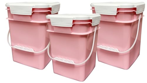 4 Gallon Square Food Grade Bucket Pail with Plastic Handles and Lid (Pack of 3) Made in USA containers (Pink - White lids) - color: Pink - White Lids