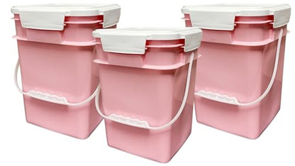 4 Gallon Square Food Grade Bucket Pail with Plastic Handles and Lid (Pack of 3) Made in USA containers (Pink - White lids) - color: Pink - White Lids