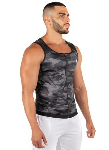 Kewlioo Men's Heat Trapping Zipper Sweat Enhancing Vest - Sauna Suit Shirt Compression Vest Shapewear Top for Gym Exercise - color: Gray Camo, size: Small-Medium