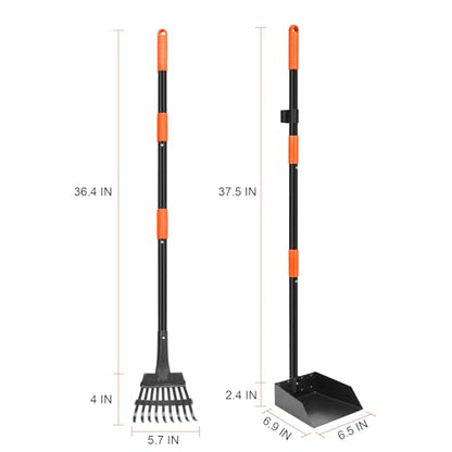 Pooper Scooper, Dog Pooper Scooper Tray and Rake Set with Adjustable Stainless Steel Long Handle for Large Medium Small Dogs - color: Orange