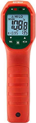 Extech IR320 Dual Laser Infrared Thermometer, IP65, -4 to 1202F, 12:1 | Non-contact to 1202F (650C), 12:1 ratio, IP65, 3m drop-proof, dual laser, high/low LED alarms, emissivity
