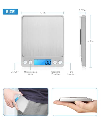 AMIR Digital Kitchen Scale, 3000g 0.01oz/ 0.1g Pocket Coffee Scale, Mini Food Scale, Pro Electronic Jewelry Scale with Back-Lit LCD Display, Tare & PCS Functions, Stainless Steel, Batteries Included - color: Sliver