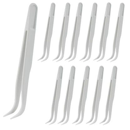 Coufce 12pc White Plastic Tweezers, 4.5 Inch Bent | DIY Jewelry Making, Crafts, Baking Decoration, Reptile Feeding & Bead Craft Tools