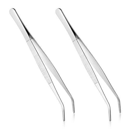 2 PCS 8 Inch Stainless Steel Tweezers with Curved Serrated Tip Kitchen Long Tweezers Set Heavy Duty Sewing Machine Tweezer Long Aquarium Tweezer Reptile Feeding Tongs for Cooking Crafting Repairing