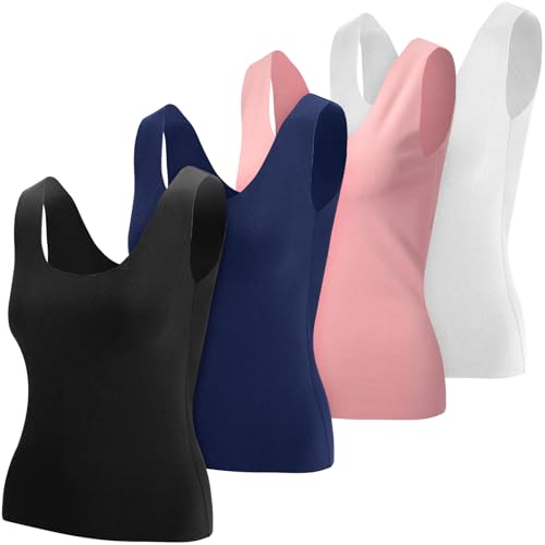 Toulite 4 Pcs Thermal Tank Tops Women Underwear Tops Sleeveless Undershirt for Women Cotton Camisole Warm Base Layer - color: Black, White, Pink, Dark Blue, size: Small