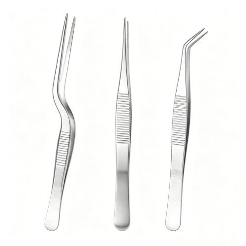 3pcs Stainless Steel Tweezers Set, Precision Straight & Curved Tips for Gardening, Plants, Reptile Feeding, Kitchen & Crafts (Silver)