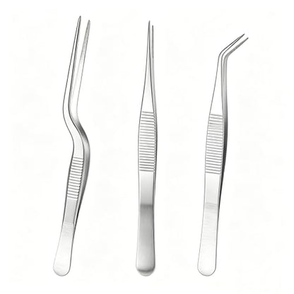 3pcs Stainless Steel Tweezers Set, Precision Straight & Curved Tips for Gardening, Plants, Reptile Feeding, Kitchen & Crafts (Silver)