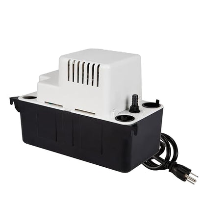 Little Giant VCMA-15UL 115 Volt, 65 GPH, 1/50 HP Automatic Condensate Removal Pump for HVAC/Refrigeration Systems/Dehumidifiers (no safety switch), 6-Foot Cord, Black/White, 554401 | 6' cord w/ plug, No safety switch, 1/50 HP, 15' shutoff, Automatic, 1/2