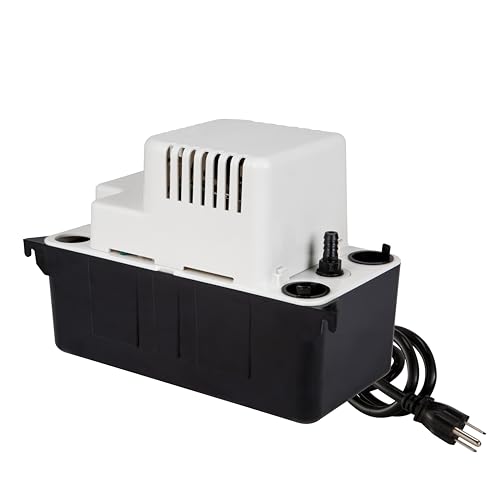 Little Giant VCMA-15UL 115 Volt, 65 GPH, 1/50 HP Automatic Condensate Removal Pump for HVAC/Refrigeration Systems/Dehumidifiers (no safety switch), 6-Foot Cord, Black/White, 554401 | 6' cord w/ plug, No safety switch, 1/50 HP, 15' shutoff, Automatic, 1/2