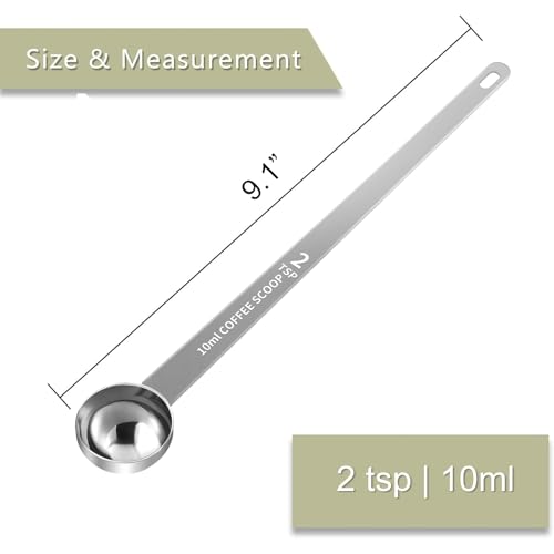 2PCS Extra Long Handle Coffee Scoop, 2Tsp(10ml) Measuring Spoon | 9.1" Length, Food-Grade Stainless Steel, Accurate Measurement, Dishwasher-Safe, Engraved Marking, Coffee Ritual Essential - size: 2tsp