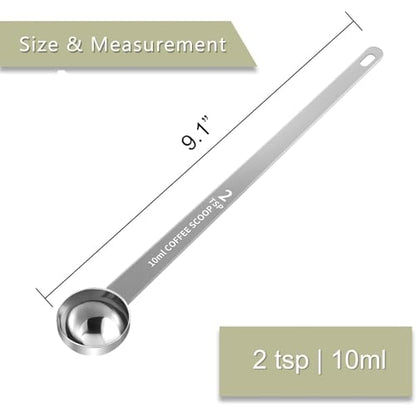 2PCS Extra Long Handle Coffee Scoop, 2Tsp(10ml) Measuring Spoon | 9.1" Length, Food-Grade Stainless Steel, Accurate Measurement, Dishwasher-Safe, Engraved Marking, Coffee Ritual Essential - size: 2tsp