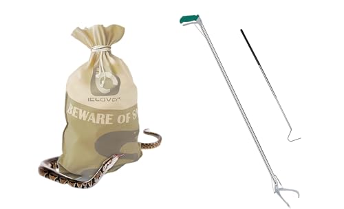 IC ICLOVER Snake Reptile Bag + 52" Snake Tongs with 39" Snake Hook, Reptile Grabber Rattle Snake Catcher Handling Tool, Large Snake Hunting Sack Pouch with Sewn Bottom Corners for Moving Transporting