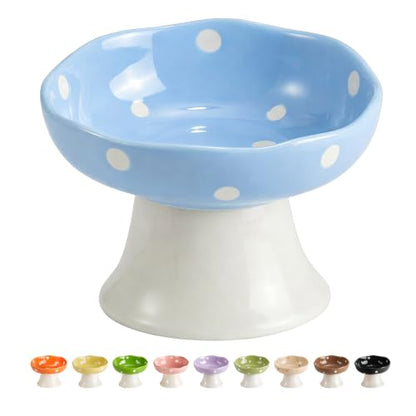 Blue Mushroom Cat Bowl, Elevated Ceramic Bowl for Cats | Cute Mushroom Design, Elevated, Ceramic, Whisker Friendly, Anti Vomiting - color: Blue