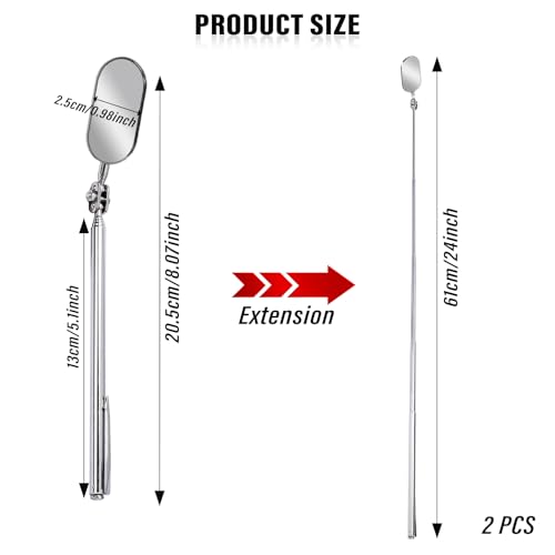 Telescoping Inspection Mirror, 2 Piece Car Inspection Mirror, Stainless Steel Mechanic Mirror,Retractable Extension Mirror,Flexible Inspection Mirror for Checking Vehicle and Small Details (8~24 Inch) - size: 2PCS