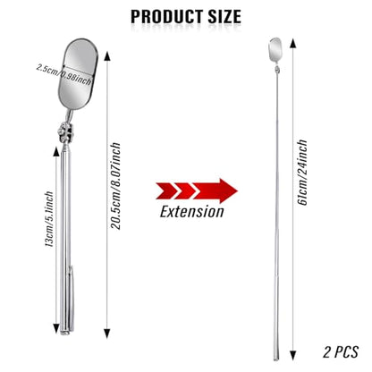 Telescoping Inspection Mirror, 2 Piece Car Inspection Mirror, Stainless Steel Mechanic Mirror,Retractable Extension Mirror,Flexible Inspection Mirror for Checking Vehicle and Small Details (8~24 Inch) - size: 2PCS