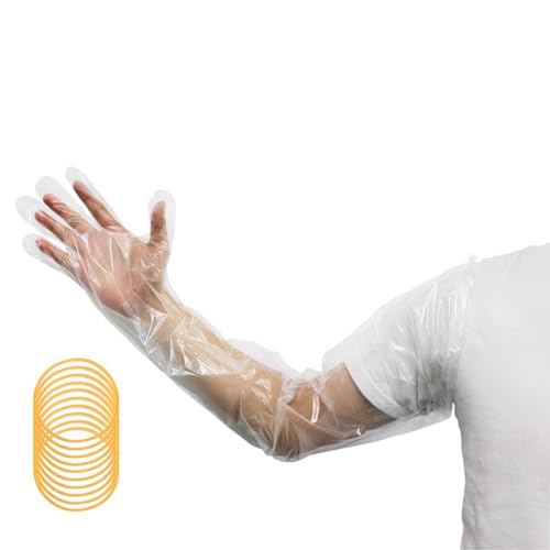 50Pcs Veterinary Insemination Rectal Long Gloves Disposable Plastic Full Arm 35.5 Inch with (Free 20 Rubber Bands) for Field Dressing House Cleaning Gardening