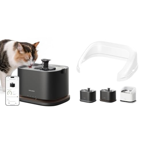 Bundle of PETLIBRO Cat Water Fountain Stainless Steel Tray, Cordless Cat Fountain Battery Operated, 3L/101oz Pet Water Fountain App Monitoring+ PETLIBRO Splash Shield - color: Black, size: Fountain+Splash shield