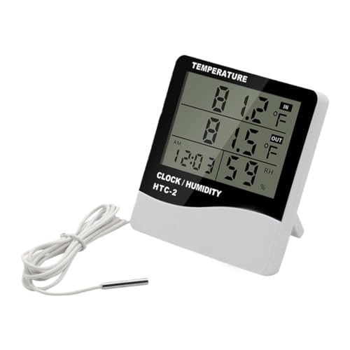 Temperature Humidity Meter, LCD Digital Indoor Outdoor Thermometer Hygrometer with Clock & Sensor Wire, Humidity Monitor for Home, Reptile, Greenhouse, Basement