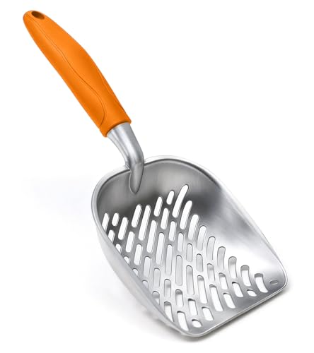 Cat Litter Scoop, Large Long Handle Kitty Metal Scooper | Heavy Duty Aluminum Deep Sifter, Ergonomic Non-Slip Grip, Rustproof Durable Poop Cleaner for Cat Litter Box - color: Orange, size: Large