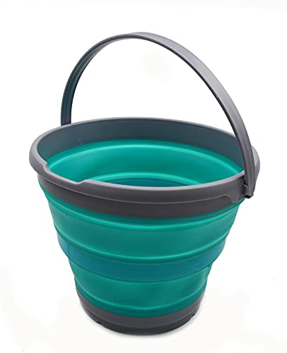 SAMMART 10L (2.6 Gallon) Collapsible Plastic Bucket - Foldable Round Tub - Portable Fishing Water Pail - Space Saving Outdoor Waterpot, Size 33cm Dia (1, Grey/Bluish-Green) - color: Grey/Bluish-green