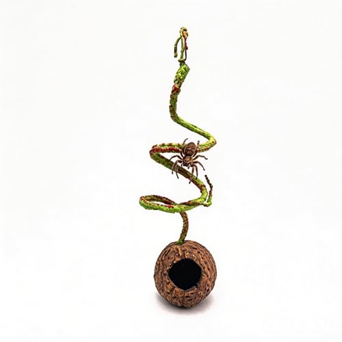 Resin Reptile Hide with Bendable Vine - Coconut Cave for Jumping Spiders, Tarantulas & Small Geckos - Terrarium Decor for Molting & Enrichment (3.4"x3.4"x7.9")