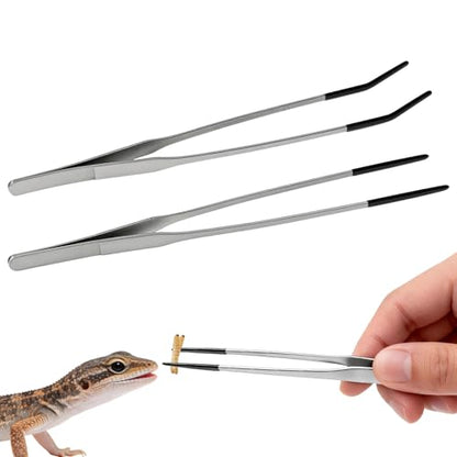 2PCS Reptile Feeding Tongs,10.6" Extra Long Stainless Steel Tweezers with Rubber Tips, Bearded Dragon Lizards Aquarium Straight and Curved Long Tweezers for Snake Feeding, Terrarium, Aquarium(Silver) - color: Silver