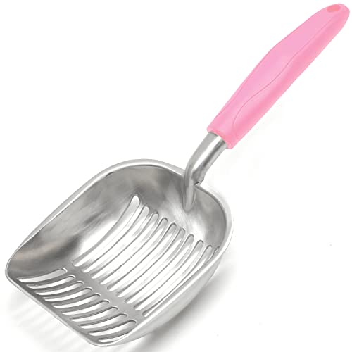 Cat Litter Scoop, Kitty Metal Scooper, Aluminum Alloy Sifter, Kitten Pooper Lifter, Deep Shovel, Long Handle, Poop Sifting, Durable, Heavy Duty, for Litter Box - color: Polished Aluminum-Pink Handle, size: Large