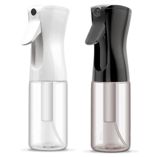 Continuous Spray Bottle for Hair, Refillable Gentle Mister (2 Pack, 6.8 Oz) | Long-Lasting Misting, Ultra-Fine Mist for Hairstyling, Cleaning Solutions, Planting, Pets, Barbers, Salons, Essential Oils - style: White & Black