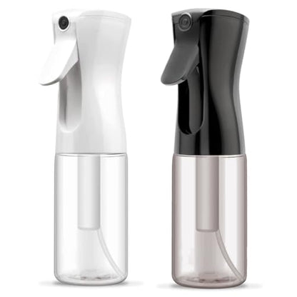 Continuous Spray Bottle for Hair, Refillable Gentle Mister (2 Pack, 6.8 Oz) | Long-Lasting Misting, Ultra-Fine Mist for Hairstyling, Cleaning Solutions, Planting, Pets, Barbers, Salons, Essential Oils - style: White & Black