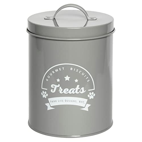 Metal Pet Treat Jar with Airtight Lid for Dogs, Cats, Puppies and More, Chic Kitchen Countertop Container for Cookies, Biscuits and Treats (Gourmet Biscuits, Grey, 1.4 Qt) - color: Gourmet Biscuits (Grey)