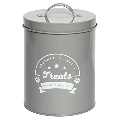 Metal Pet Treat Jar with Airtight Lid for Dogs, Cats, Puppies and More, Chic Kitchen Countertop Container for Cookies, Biscuits and Treats (Gourmet Biscuits, Grey, 1.4 Qt) - color: Gourmet Biscuits (Grey)
