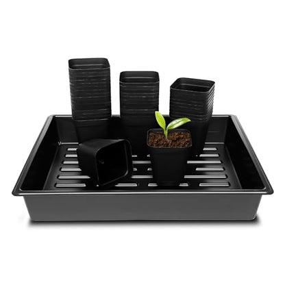RooTrimmer 3.15 inch (8CM) Square Nursery Pots 100 pcs, Sturdy Seedlings Trays 5 Pcs, Seeds Starter Germination Tray, Microgreening Planter Nursery Propagation 5 Sets - size: 3.15" Pots-100P + 16.2" x 13.2" x 2.6" Trays-5P
