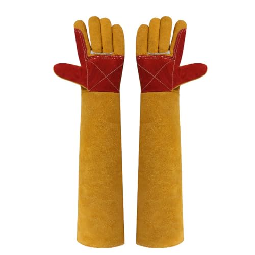 Leather Animal Handling Gloves Bite Proof Scratch 23.62in Extended Cuff with Reinforced Palm Stitching for Pet Training Veterinary Grooming Reptile Bird Ha (60cm黄色加厚)