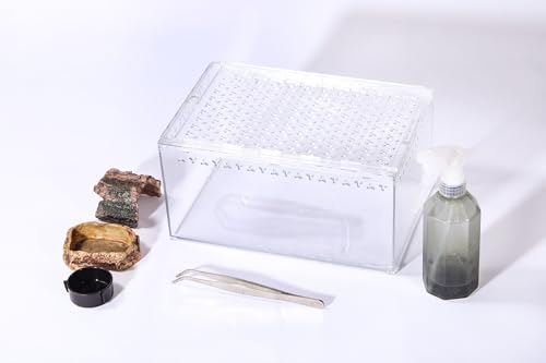 Tarantula Enclosure Spider Terrarium Hermit Crab Tank Starter Kit | Large Escape Proof PC Reptile Habitat 11.8" x 7.87" x 5.9" Full View for Isopods Bug Insect Frog Gecko Snails - size: L-Starter Kit