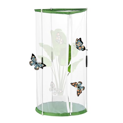 M METERXITY Butterfly Habitat Cage Terrarium, Outdoor Collapsible Mesh Pop-up with Zipper Protection for Breeding Butterfly/Ladybug, Mesh Plant Enclosure [White with Green, 12 x 12 x 24 Inch] - size: 12 x 12 x 24 Inch