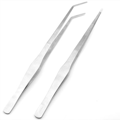 15'' Long Aquarium Tweezers, 304 Stainless Aquascaping Tongs, Pack of 2 | Snake Feeding Tweezers, for Salt & Fresh Water Fish Tank, Curved & Straight