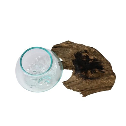 GamalFlow Medium Melted Glass Bowl On Wood Base, Perfect Terrarium or Planter, Brown, About 8" Wide