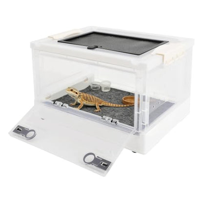 Foldable Reptile Glass Terrarium Tank, Pet Enclosure with Ventilation Mesh | Clear Small Space-Saving Desktop Habitat Carrier with Safety Latchesfor Bearded Dragon, Geckos, Snakes - color: White